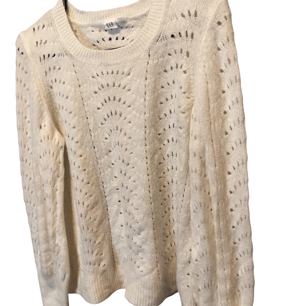 GAP Womens Large Cream White Pointelle Knit Scalloped Eyelet Crew‎ Neck Sweater